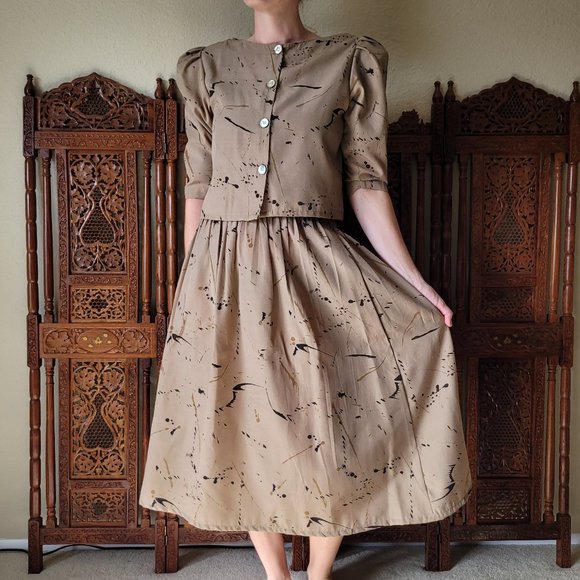Vintage 80s Neutral Paint Splatter Shoulder Pad Skirt Set Suit Separates - Picture 1 of 16